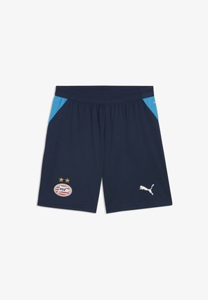 Shorts de sport bleu marine avec panneaux latéraux bleu clair, écusson du club de football PSV sur la jambe gauche et logo Puma blanc sur la jambe droite.