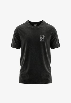 Black crew-neck T-shirt with a small white bear graphic and text "BLOOD. SWEAT. BEERS." on the left chest area.
