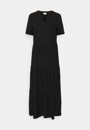 Robe midi noire à manches courtes, col en V, tissu œillet texturé et jupe à volants.