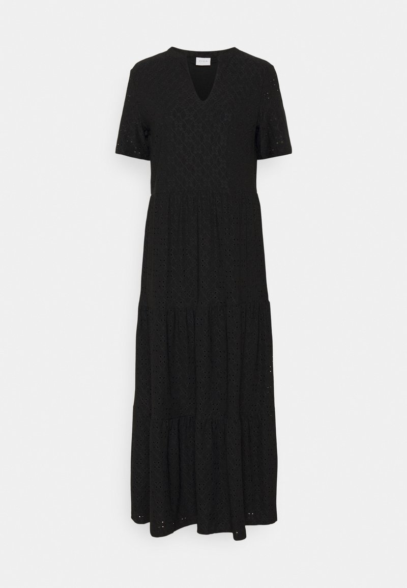 Robe midi noire à manches courtes, col en V, tissu œillet texturé et jupe à volants.