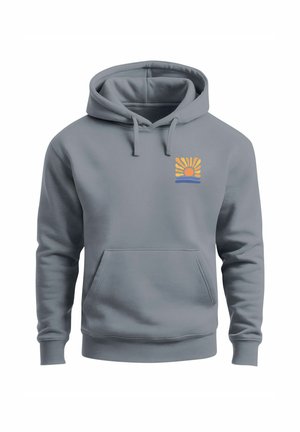 Light gray hoodie with a kangaroo pocket. Features a small yellow and blue sun logo on the chest. Soft fabric, regular fit.