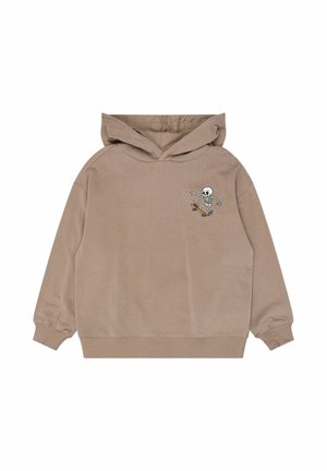 Beige hættetrøje med ribbet manchetter med lille grafik af et skelet på skateboard på venstre brystområde.