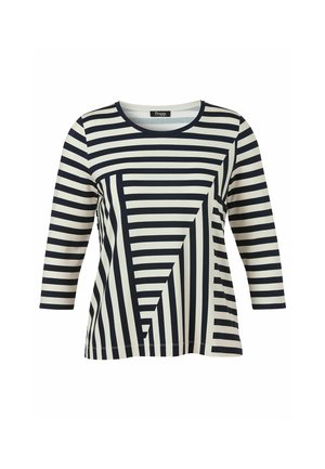 Langärmeliges Hemd mit schwarzen und weißen, horizontalen und schrägen Streifen, Rundhalsausschnitt und figurbetontem Schnitt.