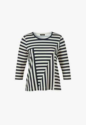 Langärmeliges Hemd mit schwarzen und weißen, horizontalen und schrägen Streifen, Rundhalsausschnitt und figurbetontem Schnitt.