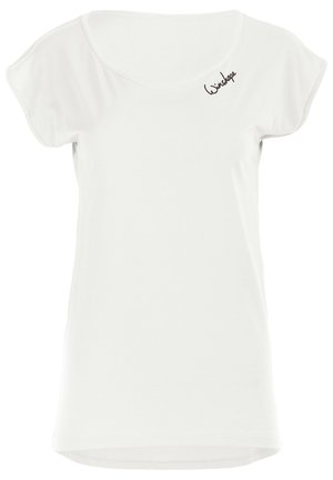 Camiseta blanca de manga corta hecha de tejido suave, con un escote redondo y un pequeño logo negro en la parte superior izquierda.