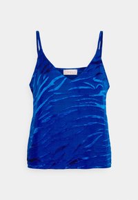Top sem mangas azul com decote em V, apresentando um padrão texturizado de riscas de zebra em diferentes tons de azul sobre um tecido suave.