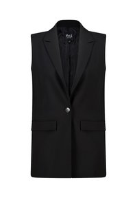 Zwarte mouwloze blazer met een reverskraag, enkele knoopsluiting en twee voorzakken. Glad stof met een getailleerde pasvorm.