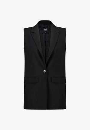 Zwarte mouwloze blazer met een reverskraag, enkele knoopsluiting en twee voorzakken. Glad stof met een getailleerde pasvorm.