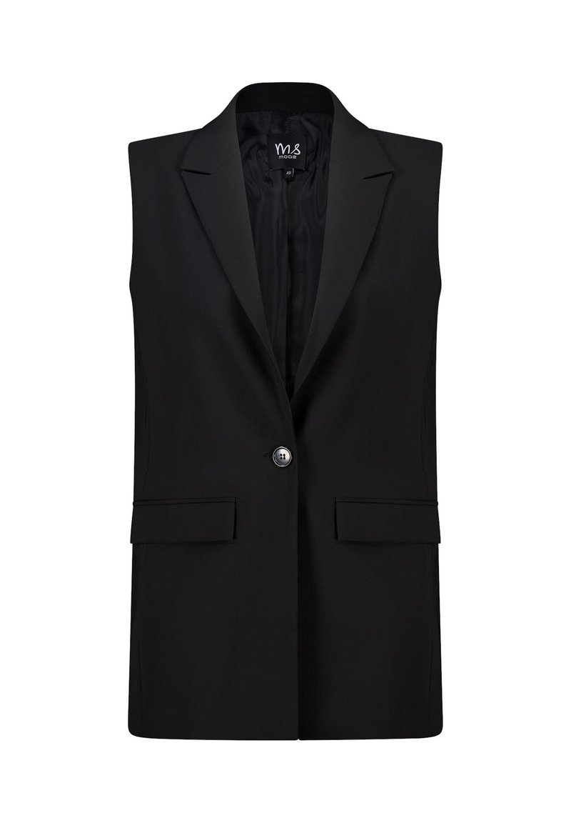 Zwarte mouwloze blazer met een reverskraag, enkele knoopsluiting en twee voorzakken. Glad stof met een getailleerde pasvorm.