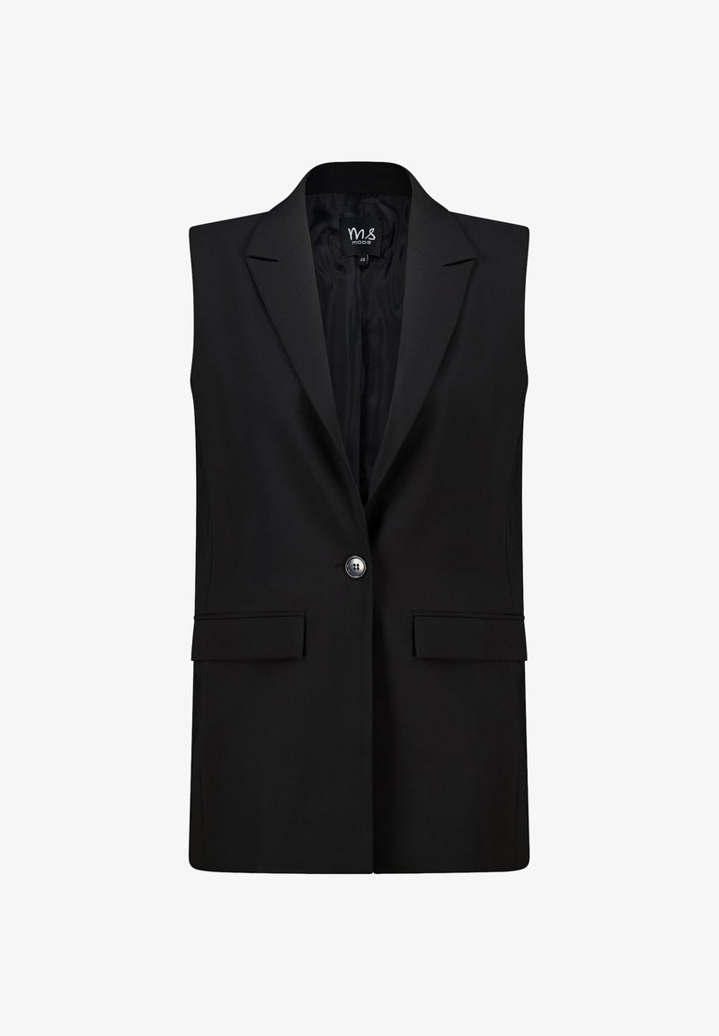 Zwarte mouwloze blazer met een reverskraag, enkele knoopsluiting en twee voorzakken. Glad stof met een getailleerde pasvorm.
