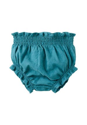 Turquoise babybroekjes met elastische taille en beengaten, met subtiele bloemrijke borduur en een geplooide tailleband.