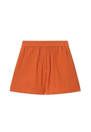 Shorts orange taille haute avec une ceinture élastique froncée et un tissu texturé et léger.
