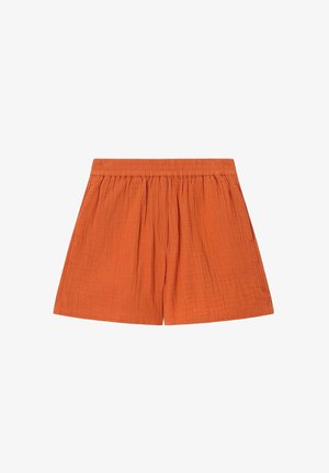 Shorts orange taille haute avec une ceinture élastique froncée et un tissu texturé et léger.