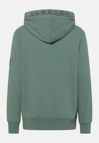Grüne Kapuzen-Sweatshirt mit texturiertem Finish. Verfügt über gerippte Bündchen und einen Saum sowie ein Logo am Kragen. Schlichtes, minimalistisches Design.
