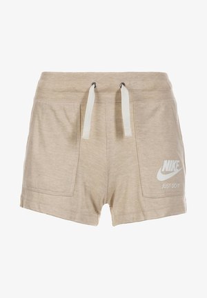Pantalones cortos de algodón beige con una cinturilla elástica, cordón blanco, dos bolsillos laterales y gráfico en blanco "Nike Just Do It".