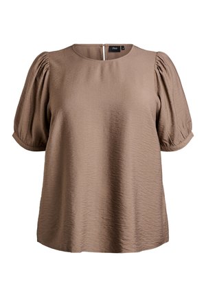 Bruine blouse met korte mouwen en een ronde halslijn, van gestructureerde stof met geplooide schouderdetails. Voorzien van een rits aan de achterkant.