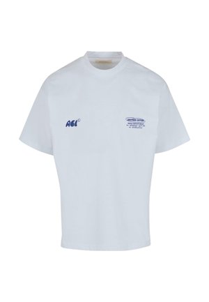 T-shirt bianco in cotone con una forma ampia, caratterizzato da grafiche blu che includono la scritta "Another Cotton" e un logo stilizzato "ACL" sul davanti.