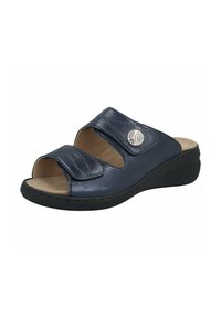 Navy blue open-toe sandals with two adjustable straps, featuring a smooth leather upper and a decorative metallic button accent.