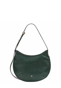 Borsa a spalla in pelle verde con design curvo, tracolla regolabile e dettaglio del logo in oro. Texture liscia e stile minimalista.