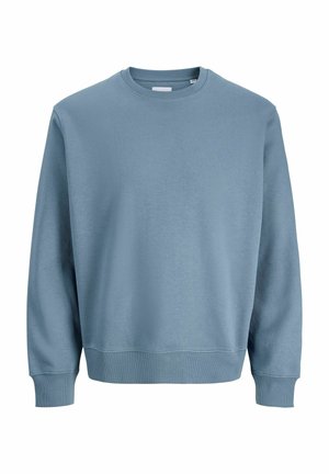 Vaaleansininen collegepaita, valmistettu pehmeästä kankaasta, jossa on pyöreä kaula-aukko, pitkät hihat sekä resorit hihoissa ja helmassa. Yksinkertainen malli ilman kuvioita.