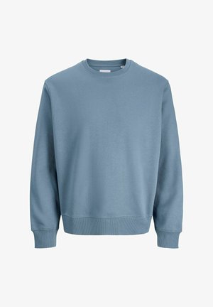 Jasnoniebieska bluza wykonana z miękkiego materiału, z okrągłym dekoltem, długimi rękawami oraz ściągaczami na mankietach i u dołu. Prosty design bez wzorów.