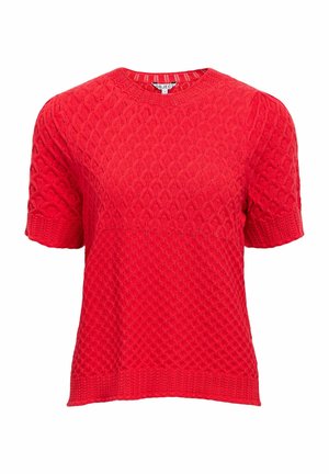 Punainen lyhythihainen neulepusero, jossa on teksturoitu timanttikuvio, resorireuna kauluksessa, hihoissa ja helmassa.