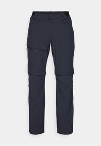 Pantalons de randonnée zippés bleu foncé, fabriqués en tissu léger. Comprend plusieurs poches et un design de couture incurvée pour un look fonctionnel.