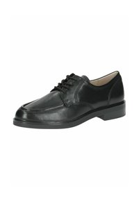 Scarpa da uomo in pelle nera, con punta arrotondata, stile stringato e suola in gomma a profilo basso. Texture liscia con dettagli di cucitura discreti.