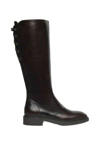 Bottines en cuir marron à hauteur de genou, avec un bout arrondi, un talon large et des boucles latérales décoratives pour un ajustement. Texture lisse et silhouette épurée.