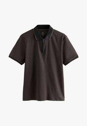 Brown polo shirt with a textured pattern, short sleeves, a zippered collar, and black accents along the collar and sleeves.