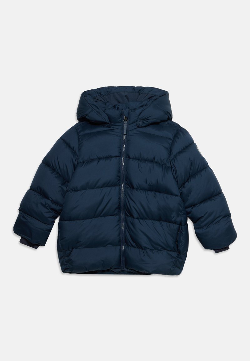 Veste d'hiver matelassée pour enfants bleu marine avec capuche, fermeture éclair devant et manches longues.