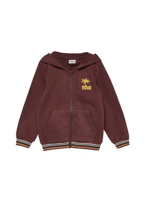 Sweat à capuche marron zippé avec poches avant, poignets et bas rayés, et logo palmier jaune avec le texte « s.Oliver » sur la poitrine.