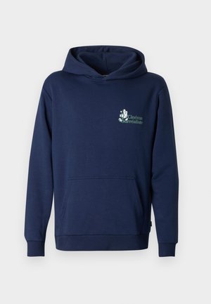 Tumesinist puuvillast dressipluus ees taskuga, millel on vasakul rinnal roheline graafiline trükk. Pehme tekstuur ja tavaline lõige.