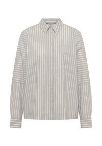 Chemise à boutons à rayures verticales gris clair et blanc, manches longues et col pointu, étiquetée "CECIL".