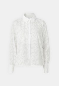White long-sleeve blouse with a textured floral pattern, classic collar, and cuffed sleeves; button-down front. Soft, lightweight fabric.