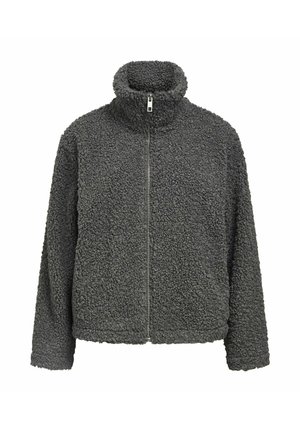 Fleecejacke in Dunkelgrau, strukturierte Oberfläche, hoher Kragen, durchgehender Reißverschluss, lange Ärmel und elastische Säume. Gemütliches und warmes Design.