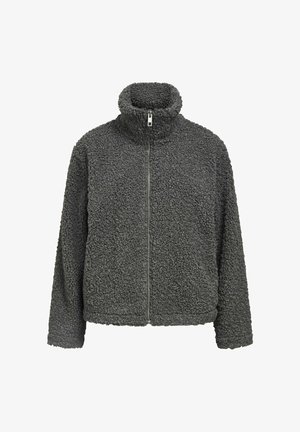 Fleecejacke in Dunkelgrau, strukturierte Oberfläche, hoher Kragen, durchgehender Reißverschluss, lange Ärmel und elastische Säume. Gemütliches und warmes Design.