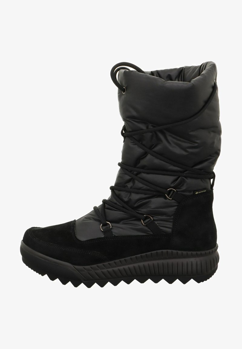 Schwarze wasserdichte Stiefel mit einem gepolsterten synthetischen Obermaterial, Schnürdesign und einer strukturierten Gummisohle mit Zickzackmuster.