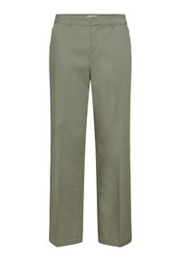 Pantalon droit vert clair avec passants de ceinture et fermeture éclair frontale, présenté sur fond blanc.