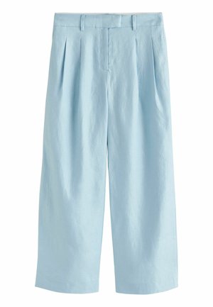 Világoskék, széles szárú nadrág magas derékkal, elülső redőkkel, övpántokkal és rejtett elülső záródással.