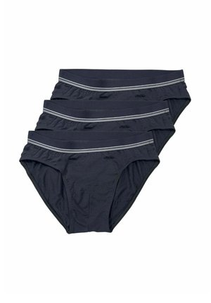 Tre slip neri da uomo con bande elastiche grigie a righe impilati su uno sfondo bianco.