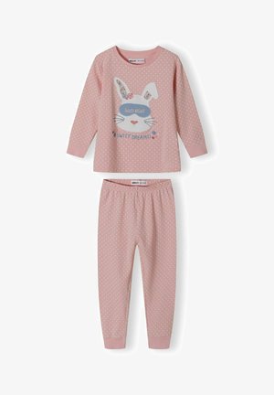 Roze pyjama set met stippen, bestaande uit een longsleeve top met een konijnafbeelding en de tekst "Goede Nacht Zoete Dromen" en bijpassende broek.