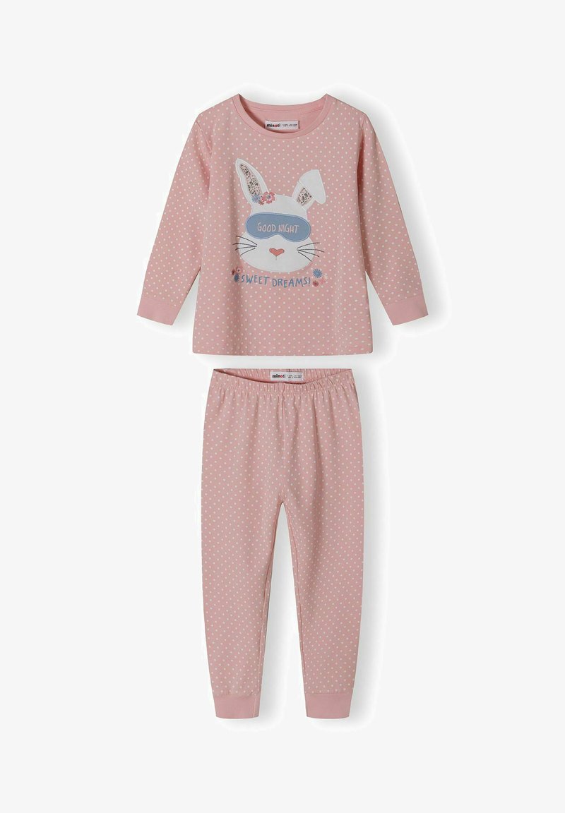 Ensemble de pyjama rose à pois comprenant un haut à manches longues avec un graphique de lapin et le texte "Bonne Nuit, Doux Rêves", accompagné de pantalons assortis.