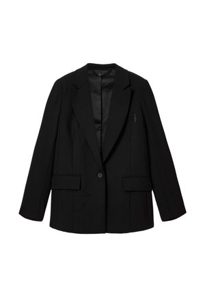 Zwarte blazer van gladde stof, met een enkele knoopsluiting, gesneden revers en twee voorzakken. Binnenkant is gevoerd met satijn.