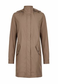 Brun vattentät jacka med hög krage, två framfickor och tryckknappar. Slät textur och långa ärmar för extra skydd.