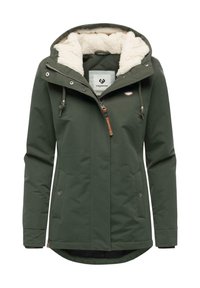 Green insulated jacket with a faux fur-lined hood, zip front, side pockets, and adjustable drawstrings. Soft texture and slightly longer back.