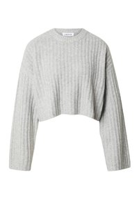 Gekürzter grauer Pullover aus Rippstrickmaterial mit rundem Ausschnitt und weiten Ärmeln. Strukturierte Oberfläche mit vertikalen Streifen.