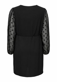 Zwart jurkje met een solide lijfje en doorschijnende, gepofte mouwen. De mouwen hebben een stippenpatroon voor extra textuur en detail.