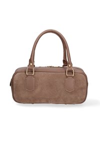 Borsa in pelle scamosciata e cuoio marrone con manici arrotondati, dettagli in oro e forma rettangolare. I particolari degni di nota includono i bordi cuciti.