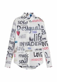 White button-up shirt featuring various graphic prints in black, red, and blue text. Material is lightweight fabric; long sleeves with cuff.